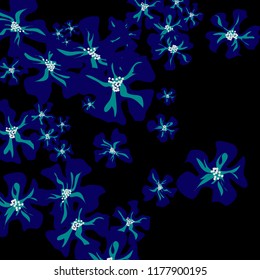 Small Flowers. Delicate Little Violets on Black Background. Vector Texture for Print, Card, Poster. Trendy Natural Ground in Vintage Style.