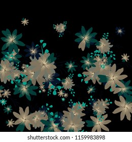 Small Flowers. Delicate Tiny Daisies on Black Background. Vector Texture for Paper, Cover, Print. Trendy Natural Ground in Vintage Style.