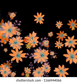 Small Flowers. Delicate Tiny Daisies on Black Background. Vector Texture for Banner, Card, Poster. Trendy Natural Ground in Vintage Style.