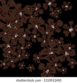Small Flowers. Delicate Tiny Violets on Black Background. Vector Texture for Banner, Cover, Print. Trendy Natural Ground in Vintage Style.
