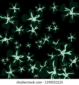 Small Flowers. Delicate Tiny Violets on Black Background. Vector Texture for Paper, Cover, Print. Trendy Natural Ground in Vintage Style.