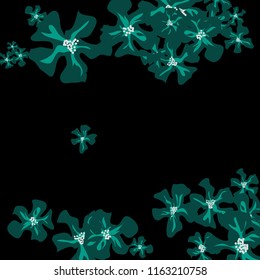 Small Flowers. Delicate Small Violets on Black Background. Vector Texture for Banner, Cover, Print. Trendy Natural Ground in Vintage Style.