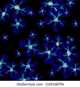 Small Flowers. Delicate Small Violets on Black Background. Vector Texture for Banner, Cover, Print. Trendy Natural Ground in Vintage Style.