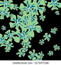 Small Flowers. Delicate Small Violets on Black Background. Vector Texture for Banner, Card, Poster. Trendy Natural Ground in Vintage Style.