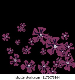 Small Flowers. Delicate Small Violets on Black Background. Vector Texture for Print, Card, Poster. Trendy Natural Ground in Vintage Style.