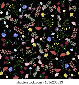 Small flowers of different shades on a black background, vector pattern, handmade, suitable for fabric, paper, textile, decor