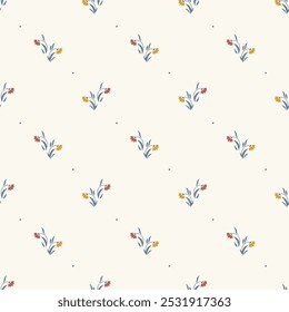 Small Flowers and Dots. Vector Ditsy Floral Seamless Pattern. Hand drawing. Not AI.