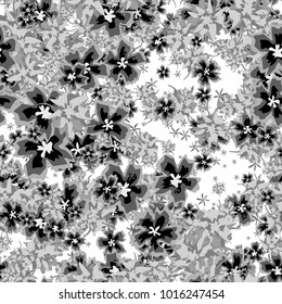 Small Flowers. Small Floral Seamless Pattern. Delicate Rapport in Liberty Style for Textile, Print, Fabric. Small Floral Design with Randomly Scattered Flowers. Grayscale Vector Background