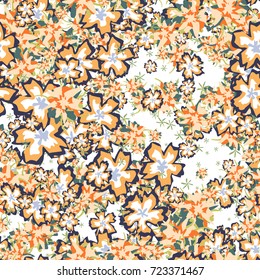 Small Flowers. Small Floral Seamless Pattern. Delicate Rapport in Liberty Style for Textile, Print, Fabric. Small Floral Design with Randomly Scattered Flowers. Bright Vector Background
