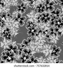 Small Flowers. Small Floral Seamless Pattern. Delicate Rapport in Liberty Style for Textile, Print, Fabric. Small Floral Design with Randomly Scattered Flowers. Grayscale Vector Background