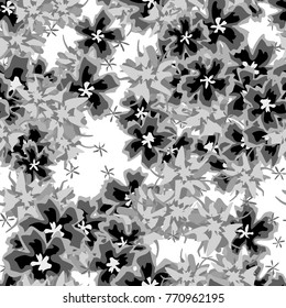 Small Flowers. Small Floral Seamless Pattern. Delicate Rapport in Liberty Style for Textile, Print, Fabric. Small Floral Design with Randomly Scattered Flowers. Grayscale Vector Background