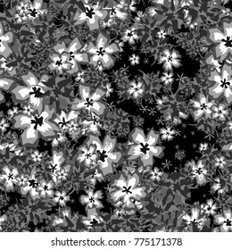 Small Flowers. Small Floral Seamless Pattern. Delicate Rapport in Liberty Style for Textile, Print, Fabric. Small Floral Design with Randomly Scattered Flowers. Grayscale Vector Background
