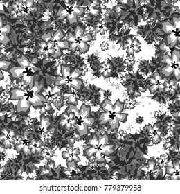 Small Flowers. Small Floral Seamless Pattern. Delicate Rapport in Liberty Style for Textile, Print, Fabric. Small Floral Design with Randomly Scattered Flowers. Grayscale Vector Background