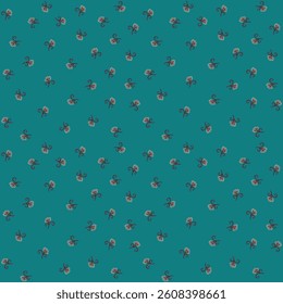 Small flowers in folk style on emerald green background in vector. Tiny buds seamless pattern. Floral print for fabric. 