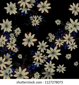 Small Flowers. Gentle Small Daisies on Black Background. Vector Texture for Banner, Cover, Print. Trendy Natural Ground in Vintage Style.