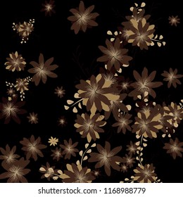 Small Flowers. Gentle Small Daisies on Black Background. Vector Texture for Banner, Cover, Print. Trendy Natural Ground in Vintage Style.