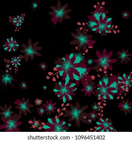 Small Flowers. Gentle Tiny Daisies on Black Background. Vector Texture for Banner, Card, Poster. Trendy Natural Ground in Vintage Style.