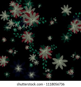 Small Flowers. Gentle Tiny Daisies on Black Background. Vector Texture for Print, Card, Poster. Trendy Natural Ground in Vintage Style.