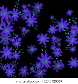 Small Flowers. Gentle Tiny Daisies on Black Background. Vector Texture for Banner, Card, Poster. Trendy Natural Ground in Vintage Style.