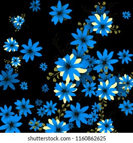 Small Flowers. Gentle Tiny Daisies on Black Background. Vector Texture for Banner, Cover, Print. Trendy Natural Ground in Vintage Style.