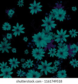 Small Flowers. Gentle Tiny Daisies on Black Background. Vector Texture for Paper, Cover, Print. Trendy Natural Ground in Vintage Style.