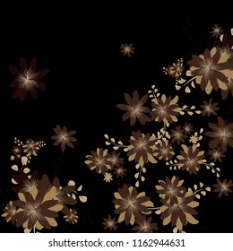 Small Flowers. Gentle Tiny Daisies on Black Background. Vector Texture for Paper, Cover, Print. Trendy Natural Ground in Vintage Style.