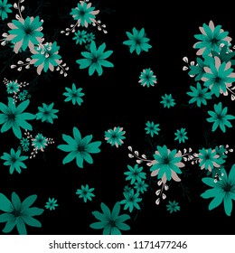 Small Flowers. Gentle Tiny Daisies on Black Background. Vector Texture for Banner, Card, Poster. Trendy Natural Ground in Vintage Style.