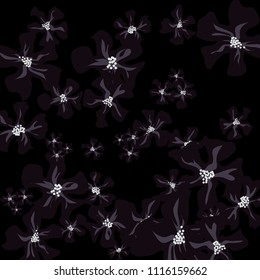 Small Flowers. Gentle Tiny Violets on Black Background. Vector Texture for Banner, Cover, Poster. Trendy Natural Ground in Vintage Style.