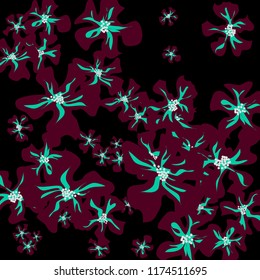 Small Flowers. Gentle Tiny Violets on Black Background. Vector Texture for Banner, Cover, Poster. Trendy Natural Ground in Vintage Style.