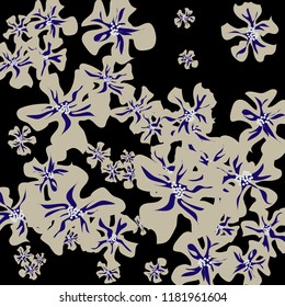 Small Flowers. Gentle Tiny Violets on Black Background. Vector Texture for Banner, Card, Poster. Trendy Natural Ground in Vintage Style.