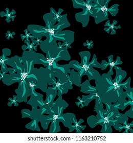 Small Flowers. Gentle Small Violets on Black Background. Vector Texture for Banner, Cover, Poster. Trendy Natural Ground in Vintage Style.