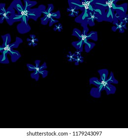 Small Flowers. Gentle Small Violets on Black Background. Vector Texture for Banner, Card, Poster. Trendy Natural Ground in Vintage Style.
