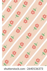 Small flowers and green stems are arranged on diagonal stripes in a playful style. Blossoms are evenly spaced, creating a rhythmic pattern across the background. Cartoon vector illustration.