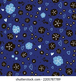 Small flowers and hearts seamless pattern. Ideal for printing for fabric. Cute children fashion. Vector illustration. 