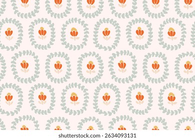 Small flowers and leaves between oval leaf frames as a minimalist geometric floral pattern in colors of orange, yellow, cream, green on off white background. Seamless vector pattern. Great for homes.