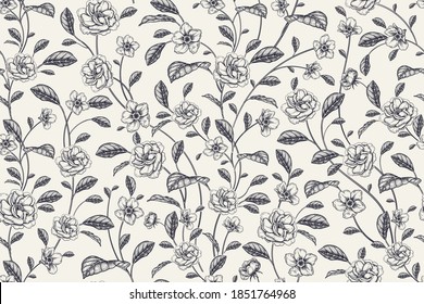 Small flowers and leaves. Floral seamless pattern. Abstract black flowers on a white background. Vintage. Handmade graphics. Template for summer textiles, paper, wallpaper, interior and other. Vector.