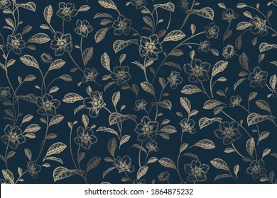 Small flowers and leaves. Floral seamless pattern. Gold and black background. Vintage. Handmade graphics. Template for summer textiles, paper, wallpaper, interior and other. Ornamental cover.