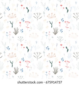 Small flowers and leaves floral vector seamless pattern. Hand drawn stylized flowers and leaves in pastel colors in retro style.