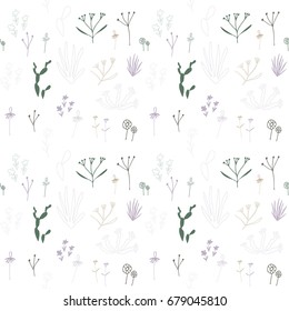 Small flowers and leaves floral vector seamless pattern. Hand drawn stylized flowers and leaves in pastel colors in retro style.