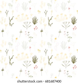 Small flowers and leaves floral vector seamless pattern. Hand drawn stylized flowers and leaves in pastel colors in retro style.