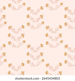 Small flowers with leaves and stems arranged in a V shape, resembling arrows in colors of peach and yellow on off pink background. Floral seamless vector pattern. Great for home decor, fabric, gifting