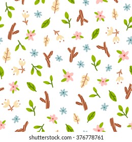 Small flowers, leaves, wood things seamless pattern