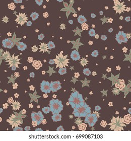 Small Flowers. Light Retro Pattern. Seamless Calico Print. Faded Flowers in Vintage Style. Liberty Rustic Pattern for Chintz, Textile, Feminine Fabric, Wallpaper