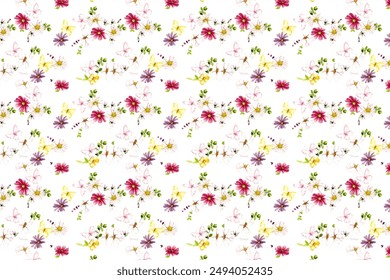 kleine Blüten von jungfräulichem Rosa. Shabby Chic Millefleurs. Liberty-Stil. Nahtloser Blumenhintergrund für Kleid, Herstellung, Bildschirmhintergrund, Druck, Geschenkpapier und Scrapbooking.