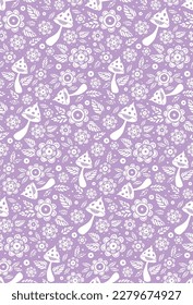 Small flowers and mushrooms seamless pattern. Hand drawn vector illustration.