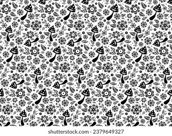 Small flowers and mushrooms seamless pattern. Hand drawn vector illustration. Transparent background