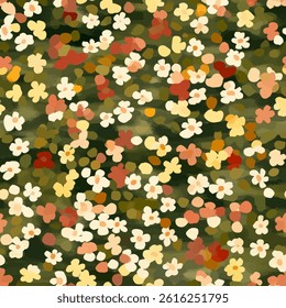 Small flowers with muted green and red tones, earthy colors, tiny flower seamless pattern vector illustration, doodle summer, kids and baby designs for print fabric.