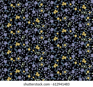 Small Flowers on Black Background. Pattern with Dark Floral Ornament. Colorful Print in Retro Desaturated Colors. Trendy Small Blossoms for Calico, Chintz, Printed Cotton or Wallpaper