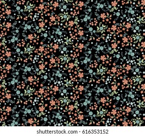 Small Flowers on Black Background. Pattern with Dark Floral Ornament. Colorful Print in Retro Desaturated Colors. Trendy Small Blossoms for Calico, Chintz, Printed Cotton or Wallpaper