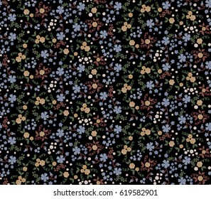 Small Flowers on Black Background. Seamless Pattern with Dark Floral Ornament. Colorful Print in Retro Desaturated Colors. Trendy Small Blossoms for Calico, Chintz, Printed Cotton or Wallpaper
